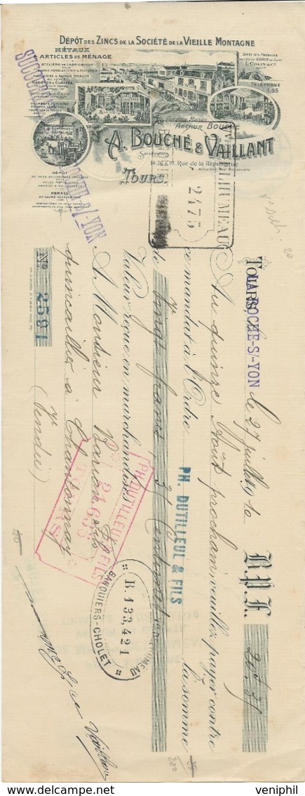 TRAITE ILLUSTREE DEPOT ZINCS -VIEILLE MONTAGNE-TOURS - A. BOUCHE ET VAILLANT -1910 - Cambiali