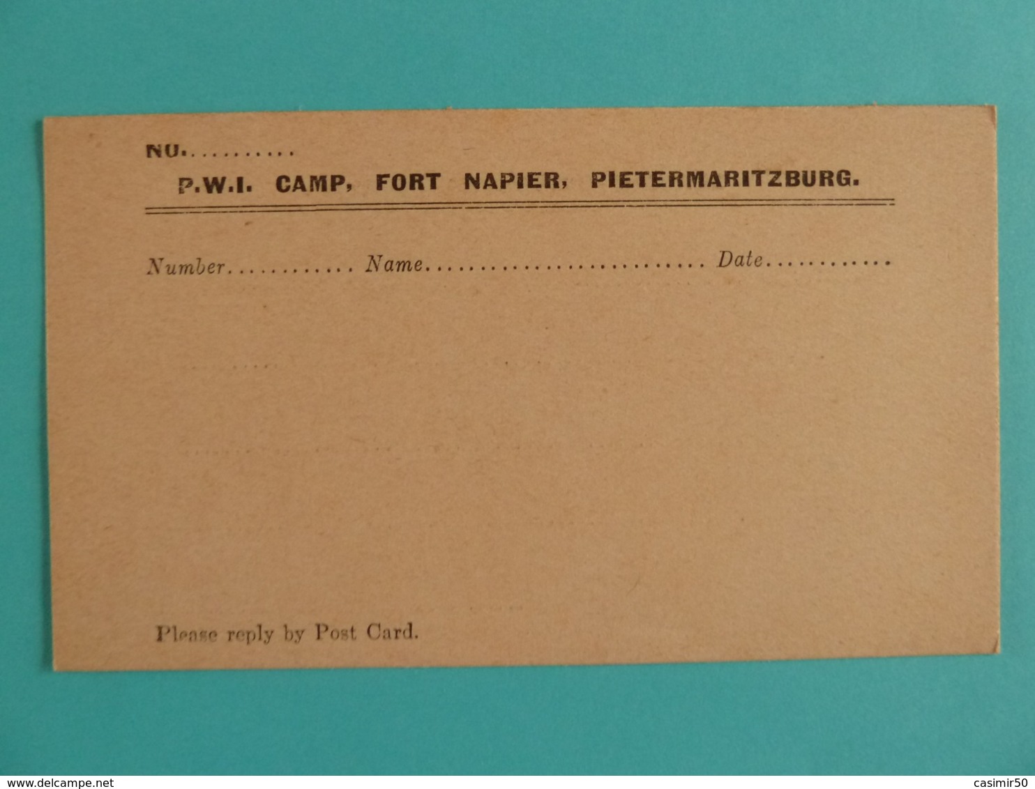 LETTER CARD WAR PRISONERS FORT NAPIER - Afrique Du Sud