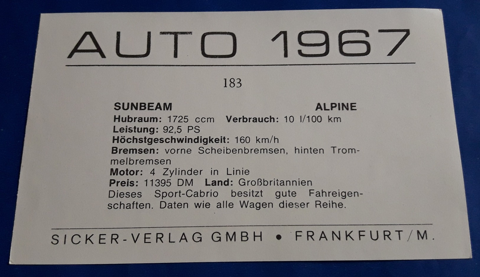 SUNBEAM ALPINE # Altes Sammelbild Aus Der Serie "AUTO 1967" Vom Sicker-Verlag In Frankfurt/M. # [19-2275] - Sonstige & Ohne Zuordnung