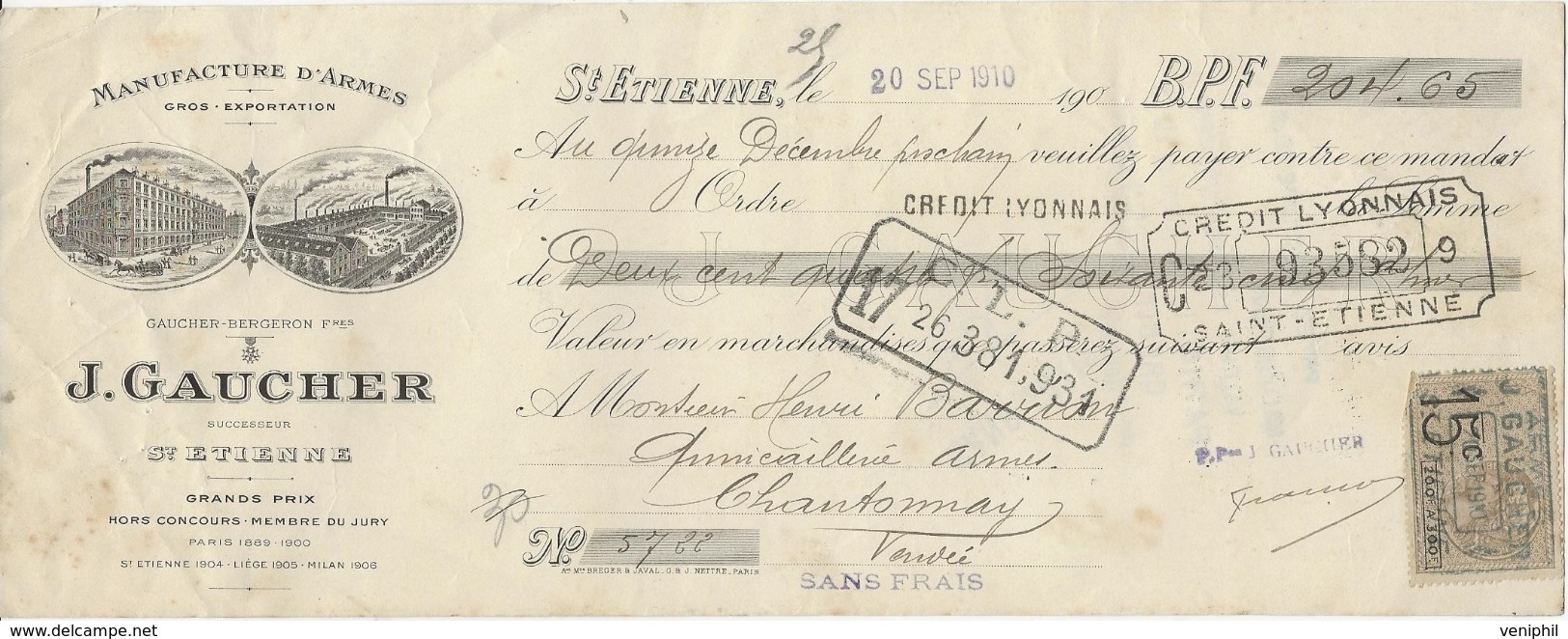 TRAITE ILLUSTREE  MANUFACTURE D'ARMES J.GAUCHER - ST ETIENNE - 1910 - Bills Of Exchange