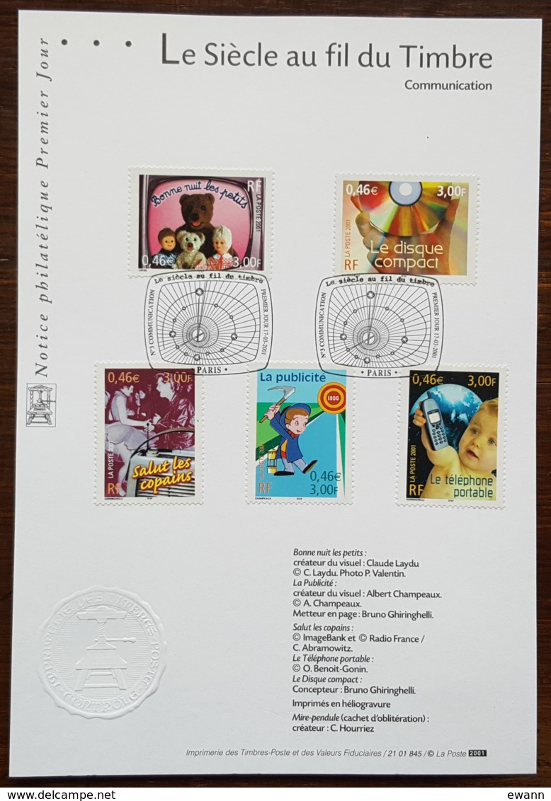 FDC Sur Document - YT N°3372 à 3376 - LE SIECLE DU TIMBRE / COMMUNICATION - 2001 - 2000-2009