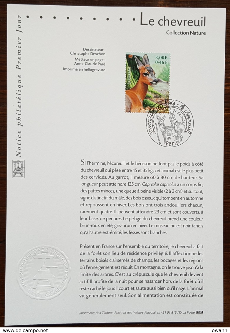 FDC Sur Document - YT N°3382 - NATURE DE FRANCE / FAUNE / CHEVREUIL - 2001 - 2000-2009