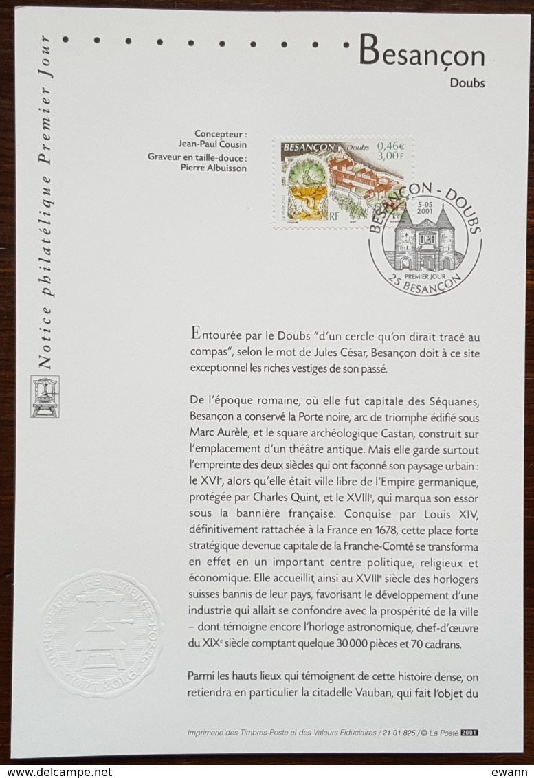 FDC Sur Document - YT N°3387 - BESANCON - 2001 - 2000-2009