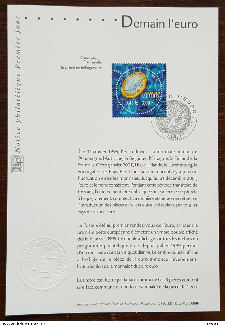 FDC Sur Document - YT N°3402 - DEMAIN L'EURO - 2001 - 2000-2009