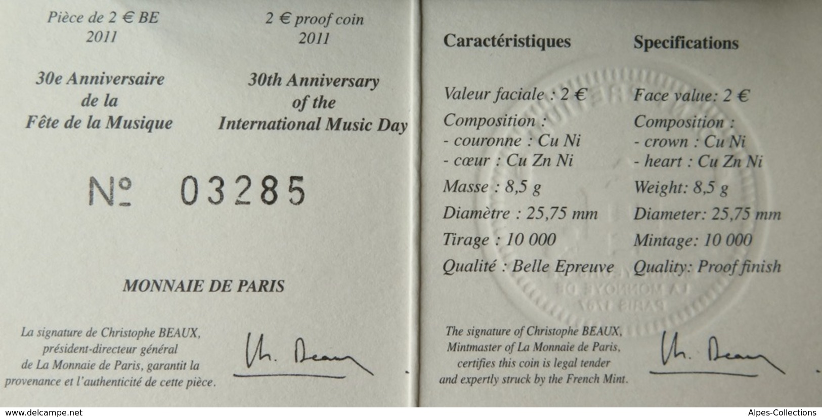 0048 - COFFRET BE FRANCE - 2011 - 2 Euros Commémo. Fête De La Musique - France