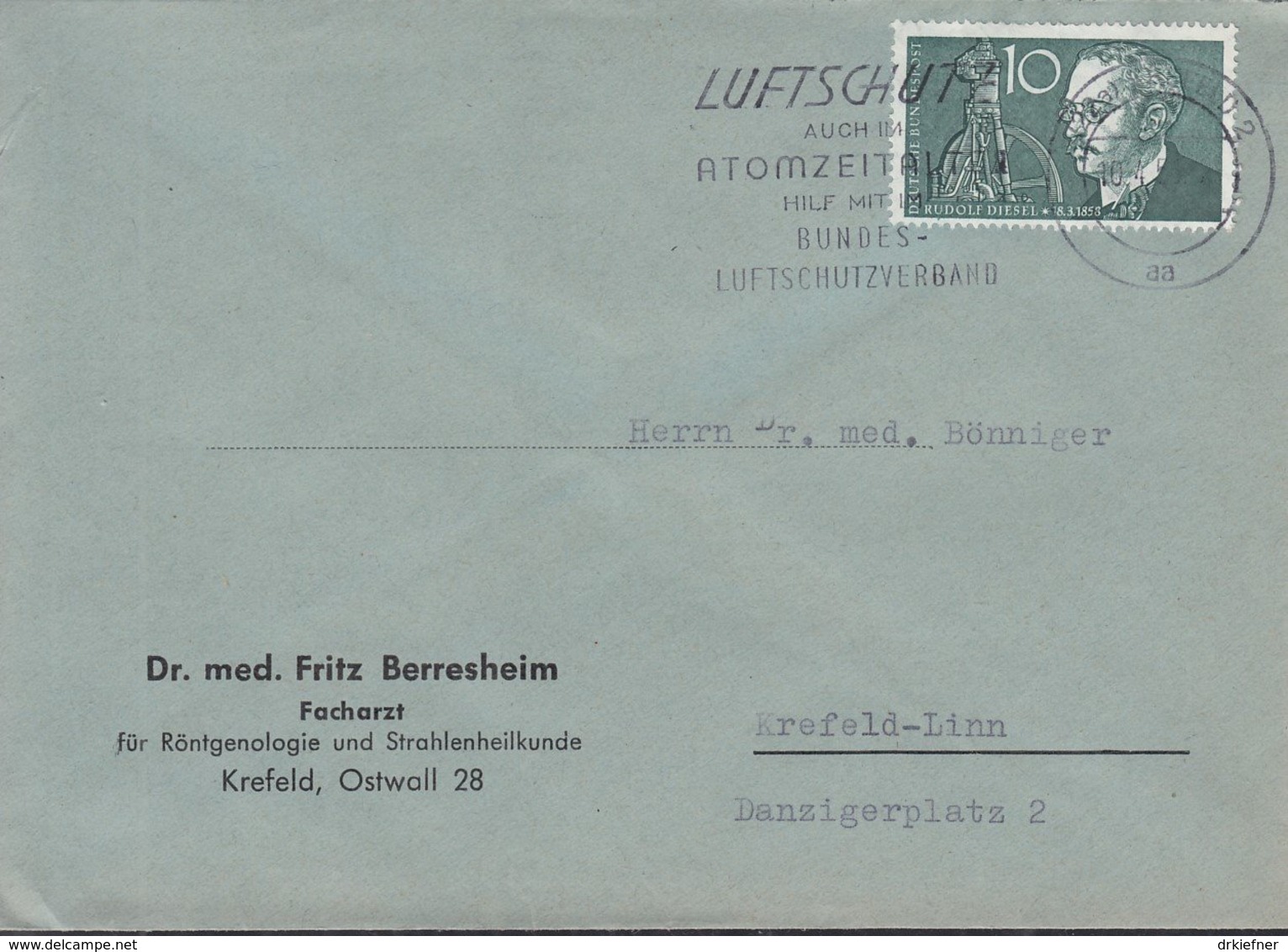 BRD 284 EF, Auf OrtsBrief, Mit Stempel: Krefeld 10.4.1958, Rudolf Diesel 1958 - Briefe U. Dokumente