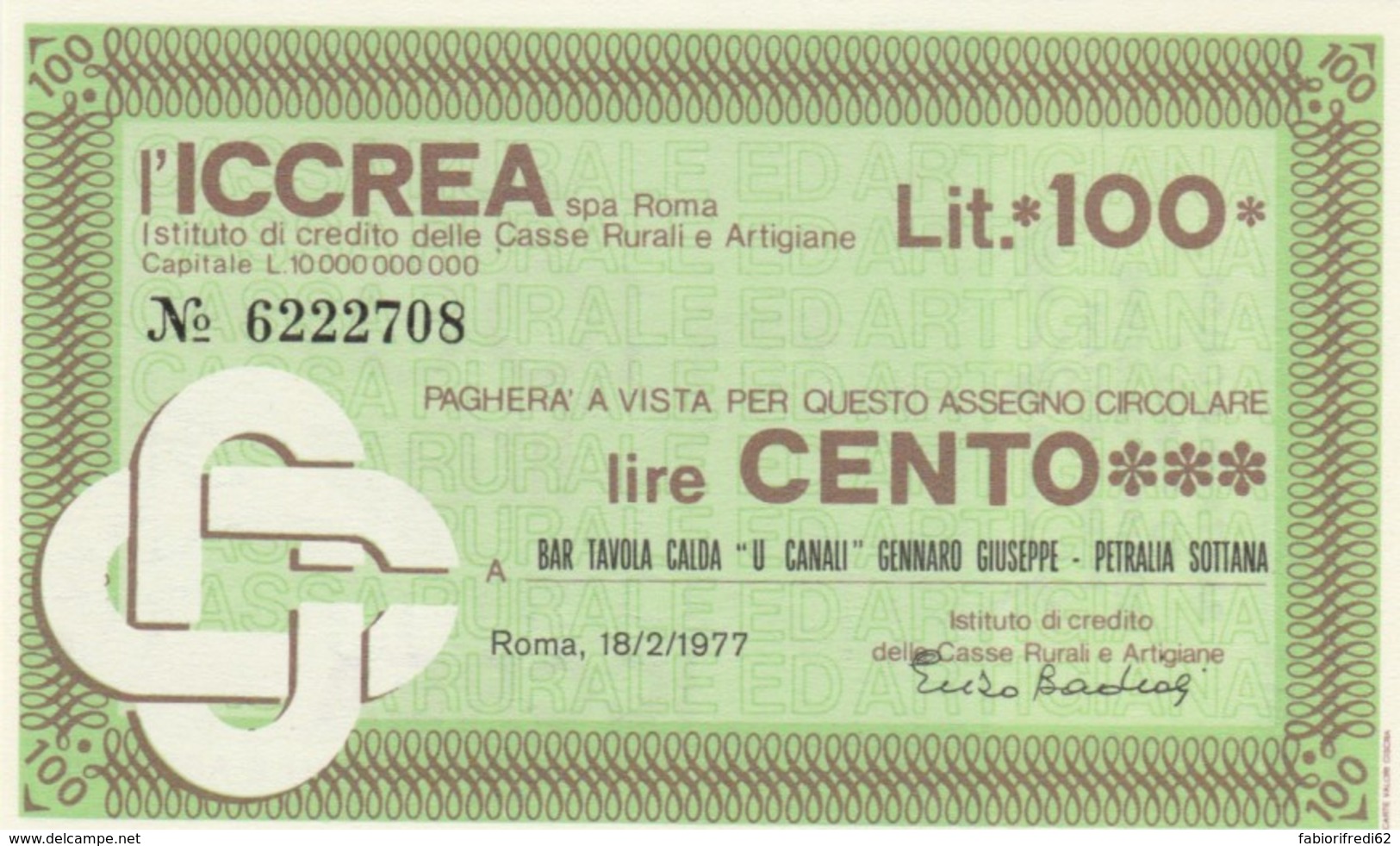 MINIASSEGNO FDS ICCREA L.100 BAR TAVOLA CALDA U CANALI (YA113 - [10] Scheck Und Mini-Scheck