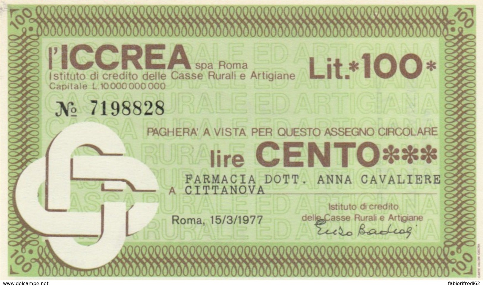 MINIASSEGNO FDS ICCREA L.100 FARMACIA CAVALIERE (YA120 - [10] Checks And Mini-checks