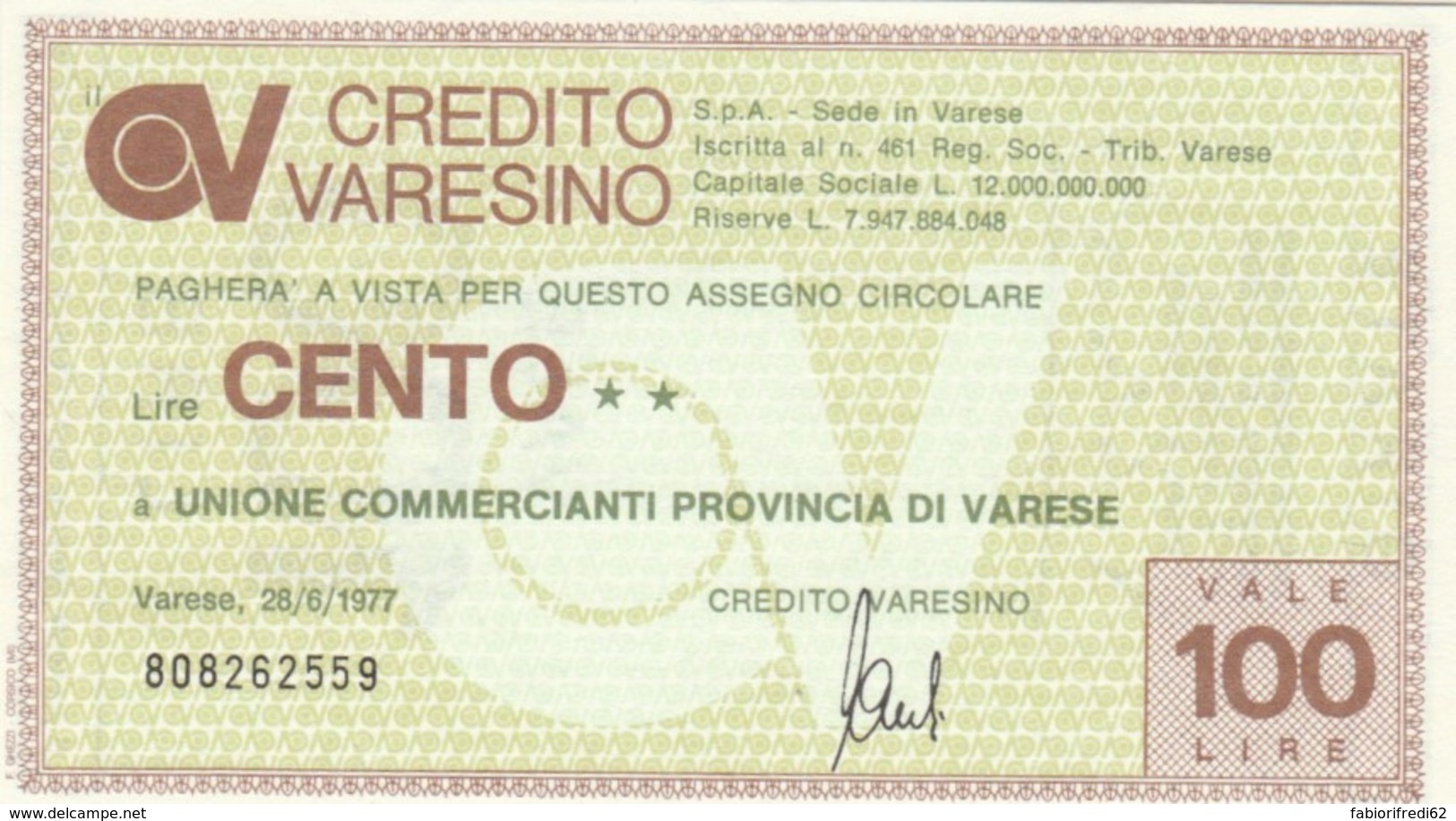 MINIASSEGNO FDS CREDITO VARESINO L.100 UNIONE COMM VARESE (YA660 - [10] Scheck Und Mini-Scheck