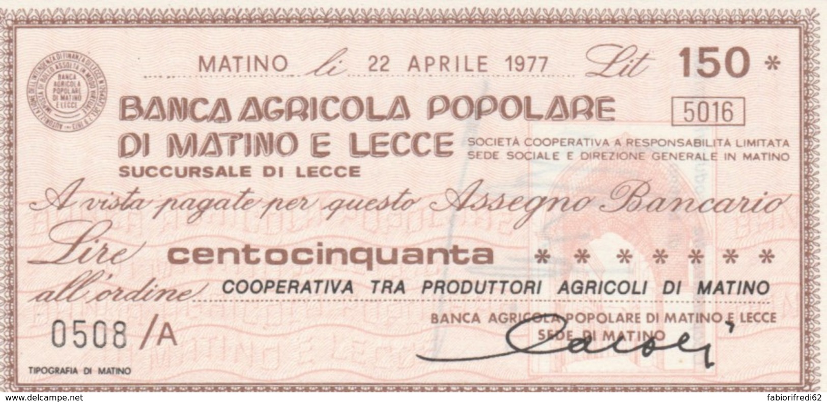 MINIASSEGNO FDS BANCA POPOLARE MATINO LECCE L.150 COOPERATIVA PRODUTTORI AGRICOLI (YA200 - [10] Cheques Y Mini-cheques