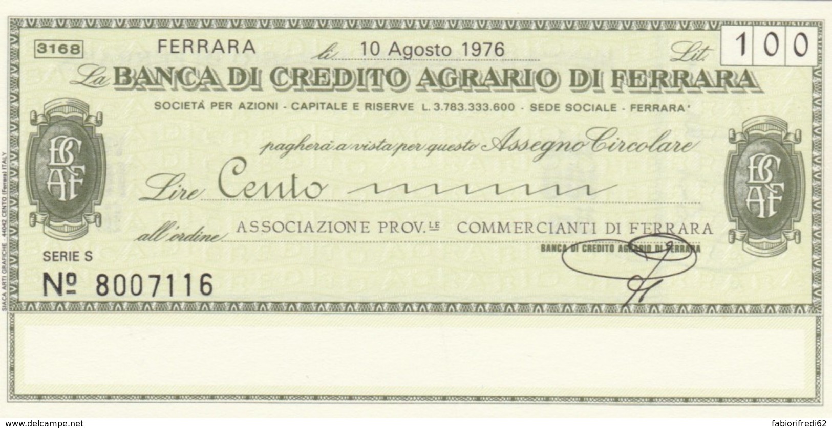 MINIASSEGNO FDS BANCA CREDITO AGRARIO FERRARA L.100 ASS COMM FERRARA (YA254 - [10] Scheck Und Mini-Scheck