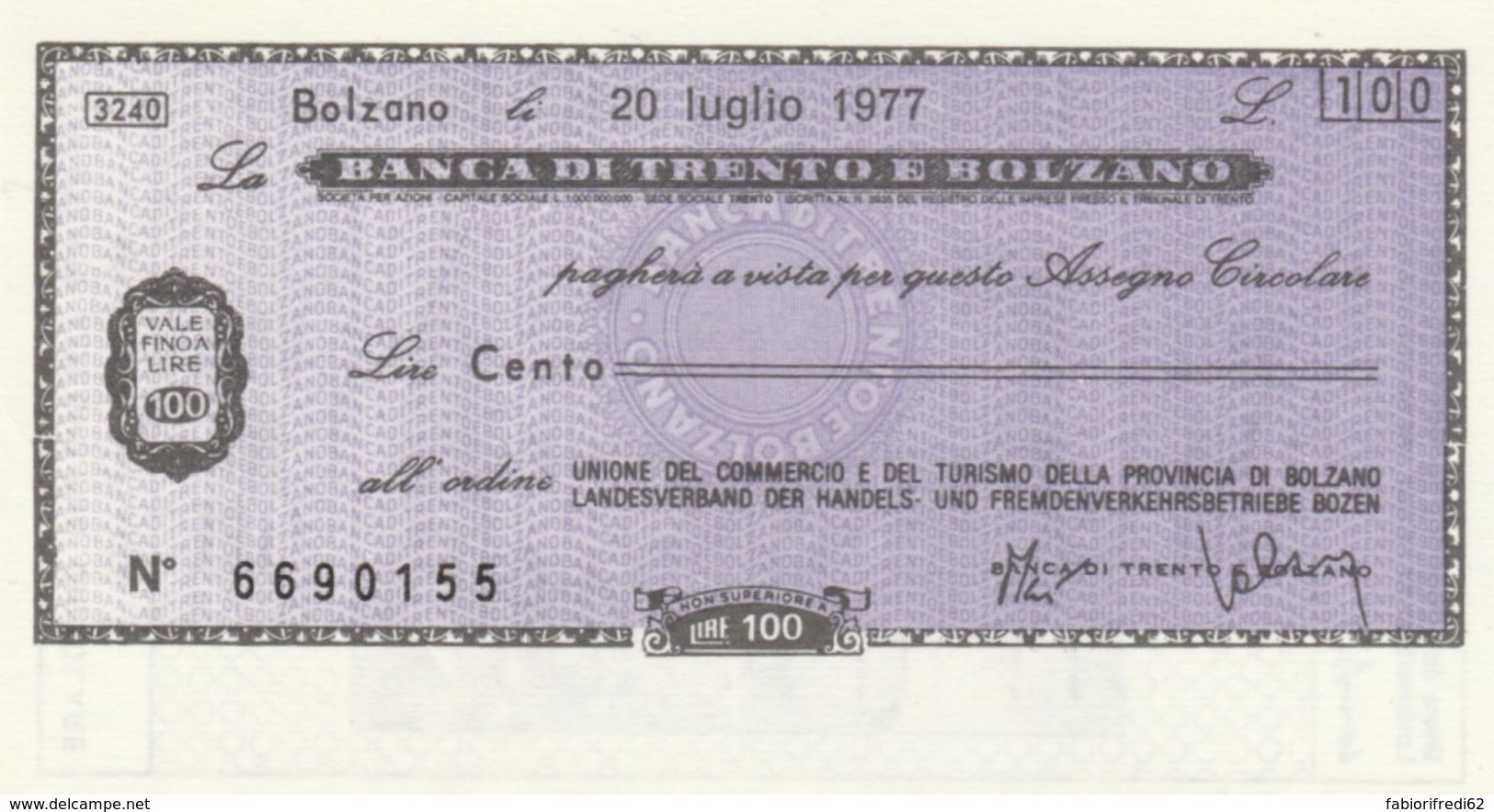 MINIASSEGNO FDS BANCA TRENTO BOLZANO L.100 UNIONE COMMERCIO BOLZANO (YA319 - [10] Chèques