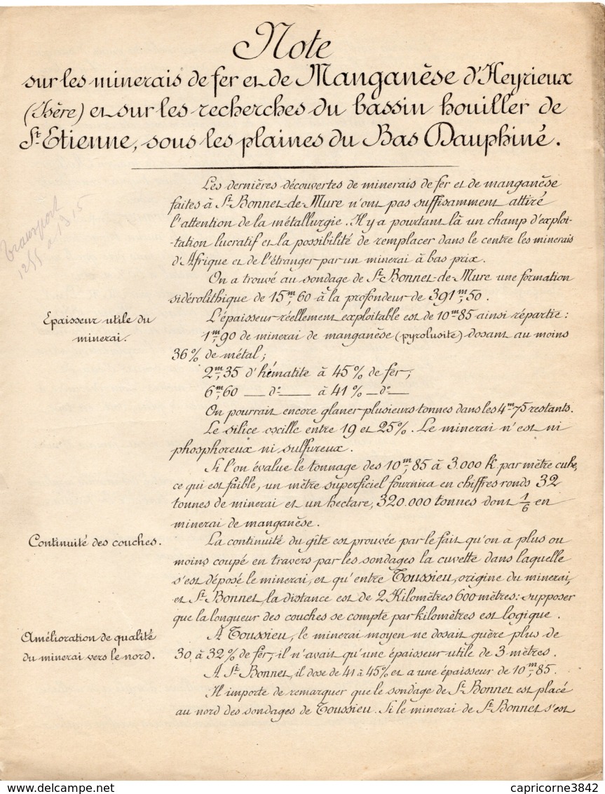 1886 - Note Sur  Minerais De Fer Et Manganèse D'Heyrieux + Plan De Concession, Coupe Du Sondage, Bilan De L'étude… - Zonder Classificatie