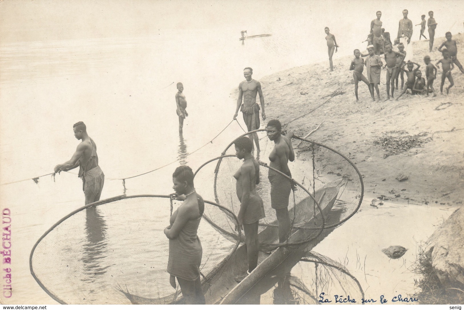 La Pêche Sur Le Chari. Cliché Auguste Béchaud. Carte Photo, Document D'exception. - Congo Francés