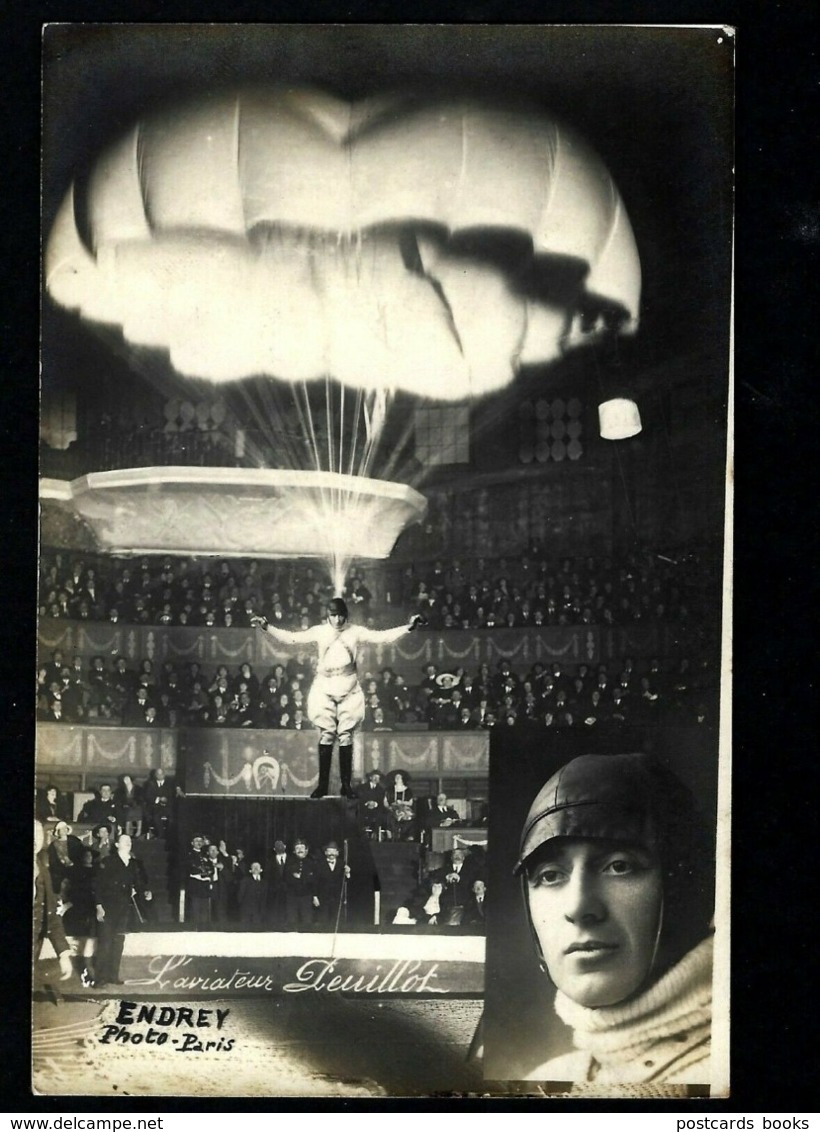 Hand Signed AVIATOR PEUILLOT Autograph Famous Parachute CIRCUS. Old Real PHOTO Postcard FRANCE CPA 1920s - Parachutisme