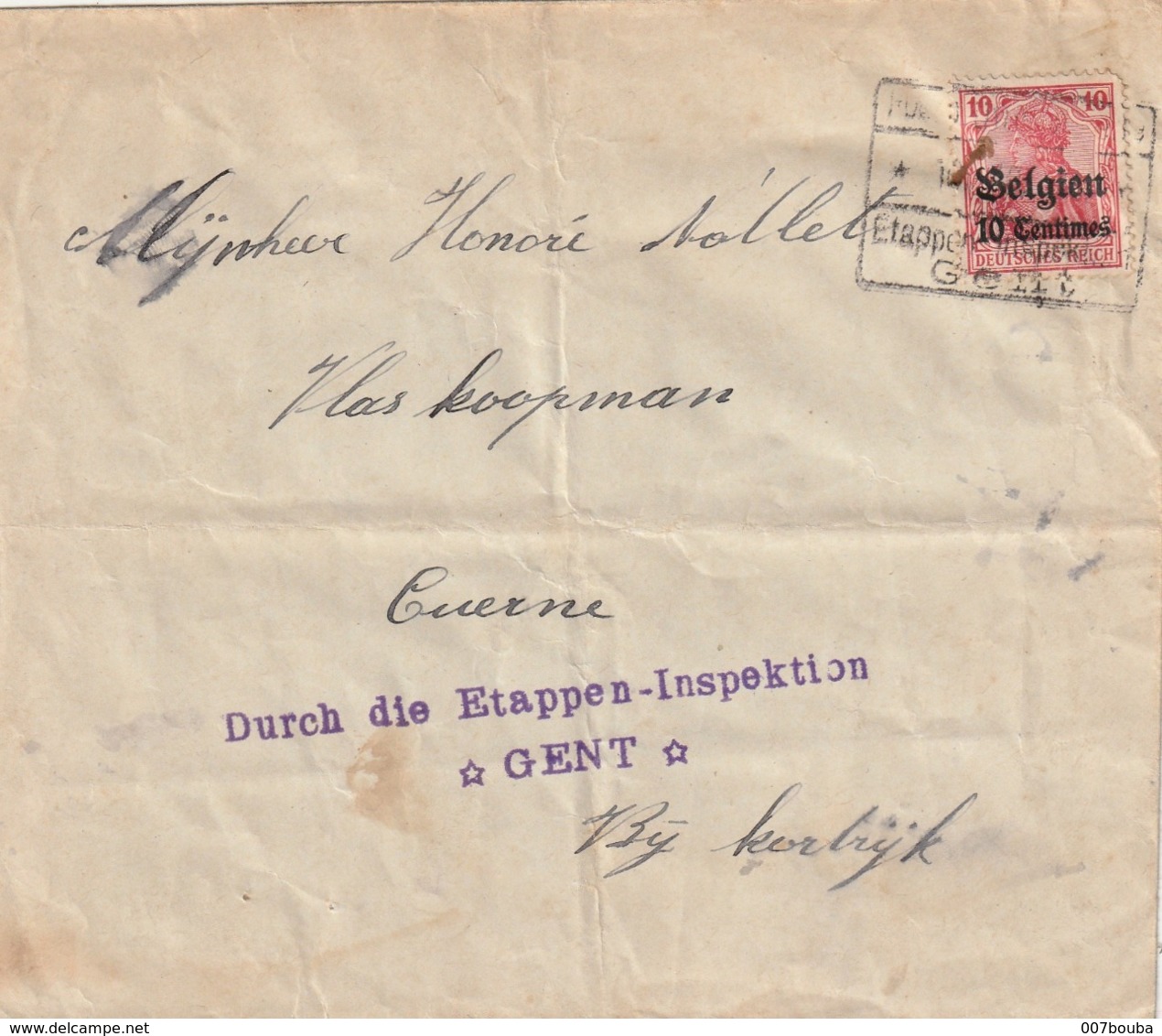 Lettre 1915 - Durch Die Etappen-inspektion Gent Vers  KORTRIJK (Courtrai ) - Trous D'épingle Sur Le Timbre - OC26/37 Staging Zone