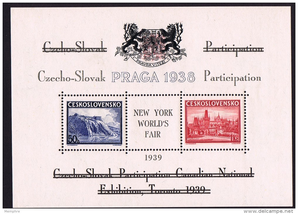 PRAGA 1938 Block Overprinted For Canadian National Exh, Then New York 1939 World's Fair  -In Original Folder.  MNH - Gebraucht