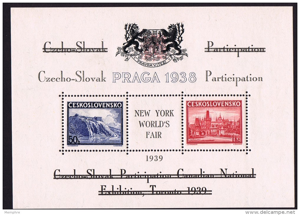 PRAGA 1938 Block Overprinted For Canadian National Exh, Then New York 1939 World's Fair  -In Original Folder.  MNH - Used Stamps