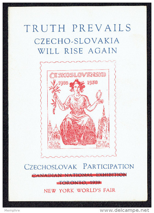 PRAGA 1938 Block Overprinted For Canadian National Exh, Then New York 1939 World's Fair  -In Original Folder.  MNH - Gebraucht