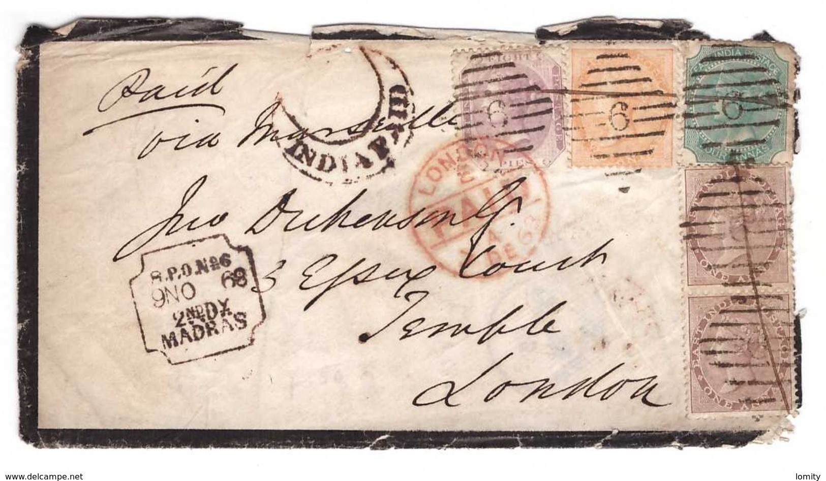 Lettre 1868 Inde Anglaise India Cover Brief Cachet Madras Timbres N° 22,25,27 Paire Attachée N°21 Via Marseille - 1858-79 Compañia Británica Y Gobierno De La Reina