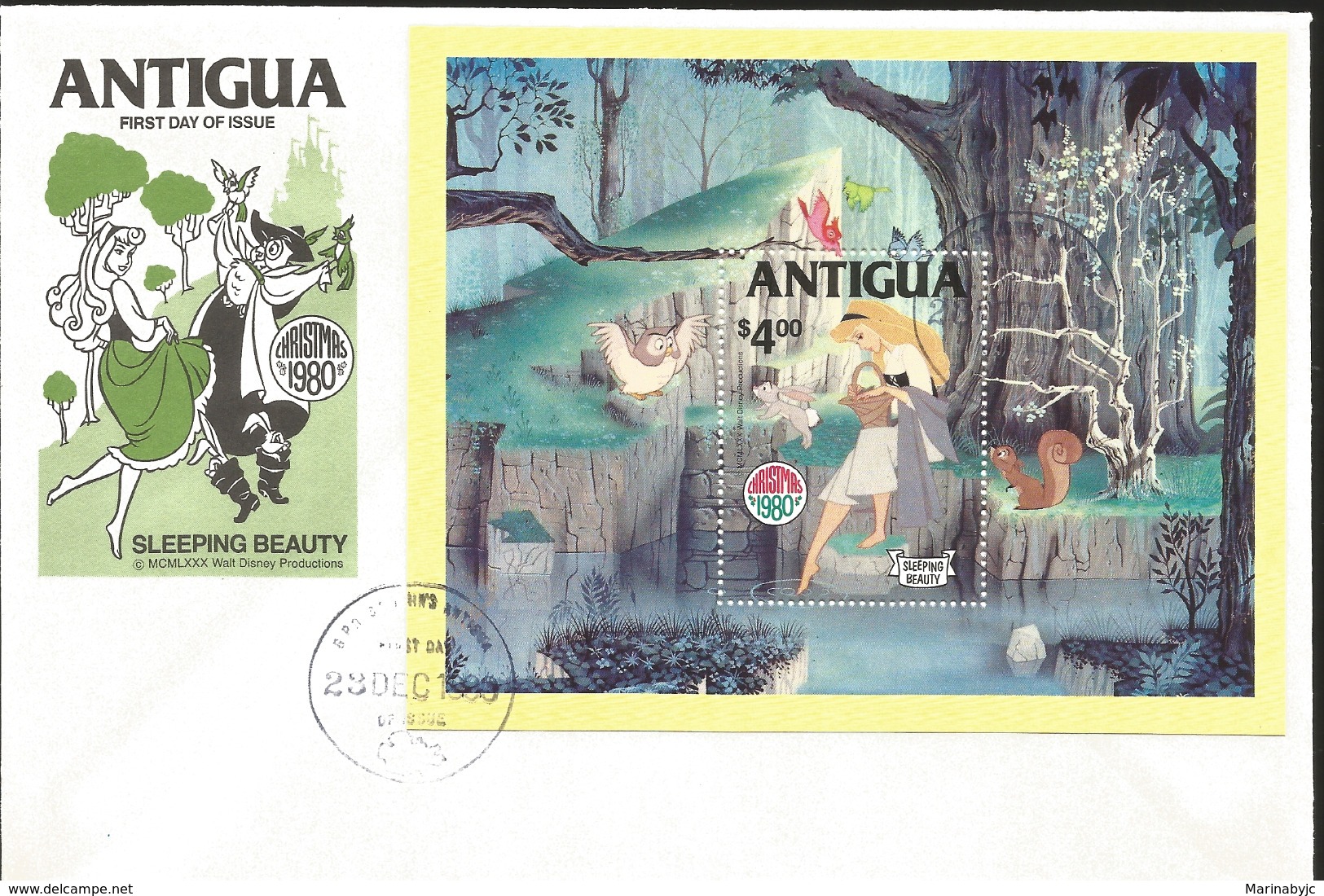 J) 1980 ANTIGUA, SLEEPING BEAUTY, SOUVENIR SHEET, FDC - Antigua And Barbuda (1981-...)