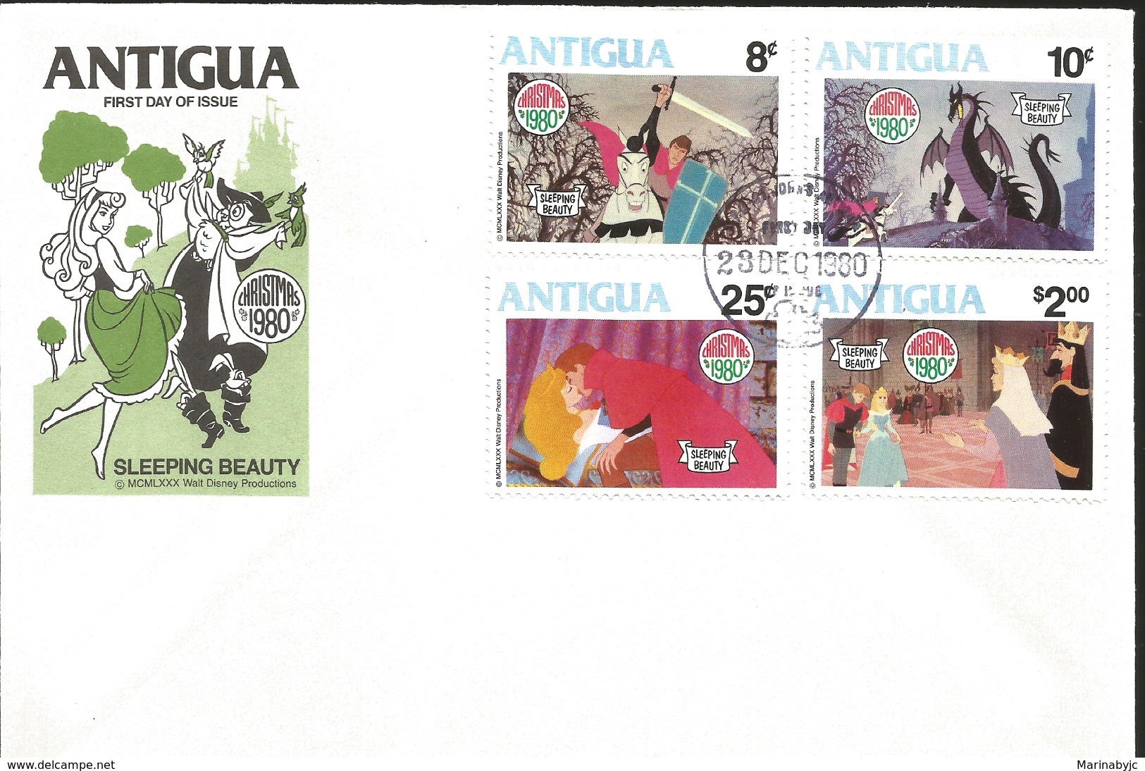 J) 1980 ANTIGUA, SLEEPING BEAUTY, MULTIPLE STAMPS, FDC - Antigua Et Barbuda (1981-...)