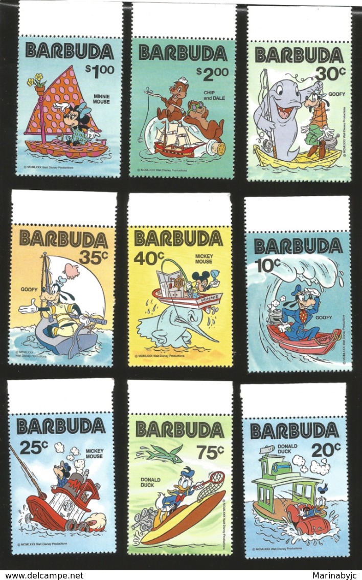 J) 1980 BARBUDA, DONALD DUCK, GOOFY, CHIP AND DALE, MICKEY MOUSE, MINNIE MOUSE, BOAT, SET OF 9, MNH - Antigua And Barbuda (1981-...)