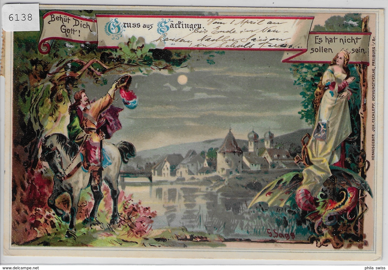 Gruss Aus Säckingen - Behüt Dich Gott - Mondschein Lithographie 1913 - Bad Saeckingen