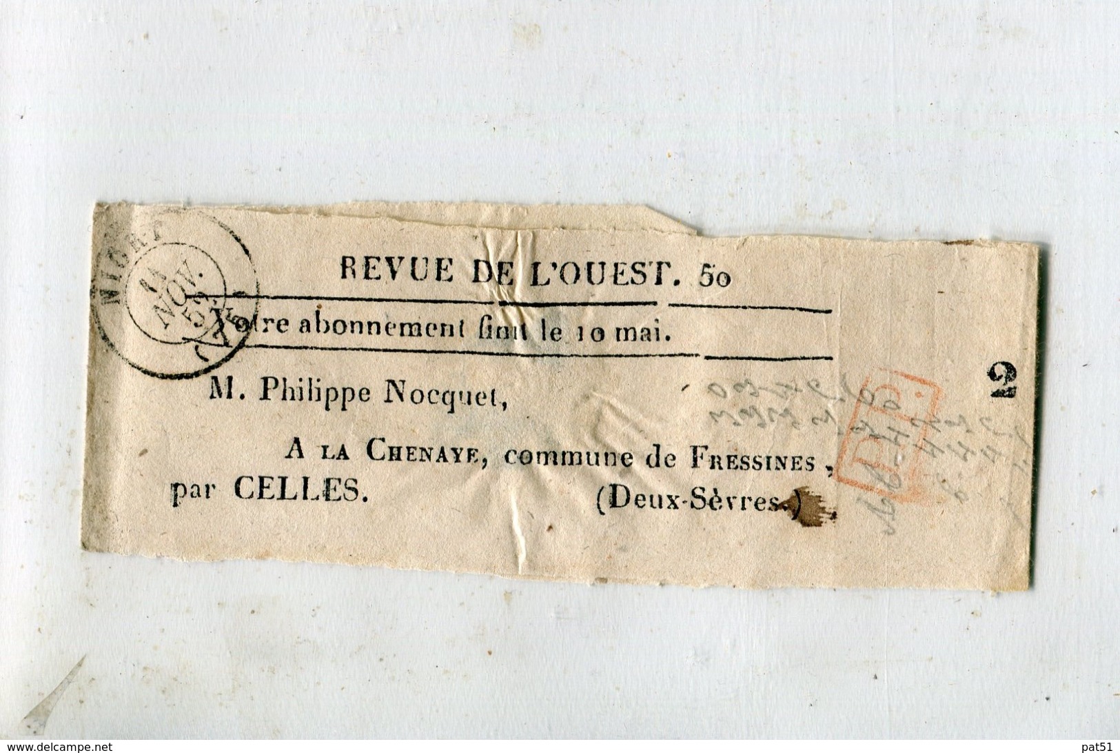 79 - Fressines : Bande Pour Journaux " Revue De L' Ouest " - Cachet Niort 1852 - Bandes Pour Journaux