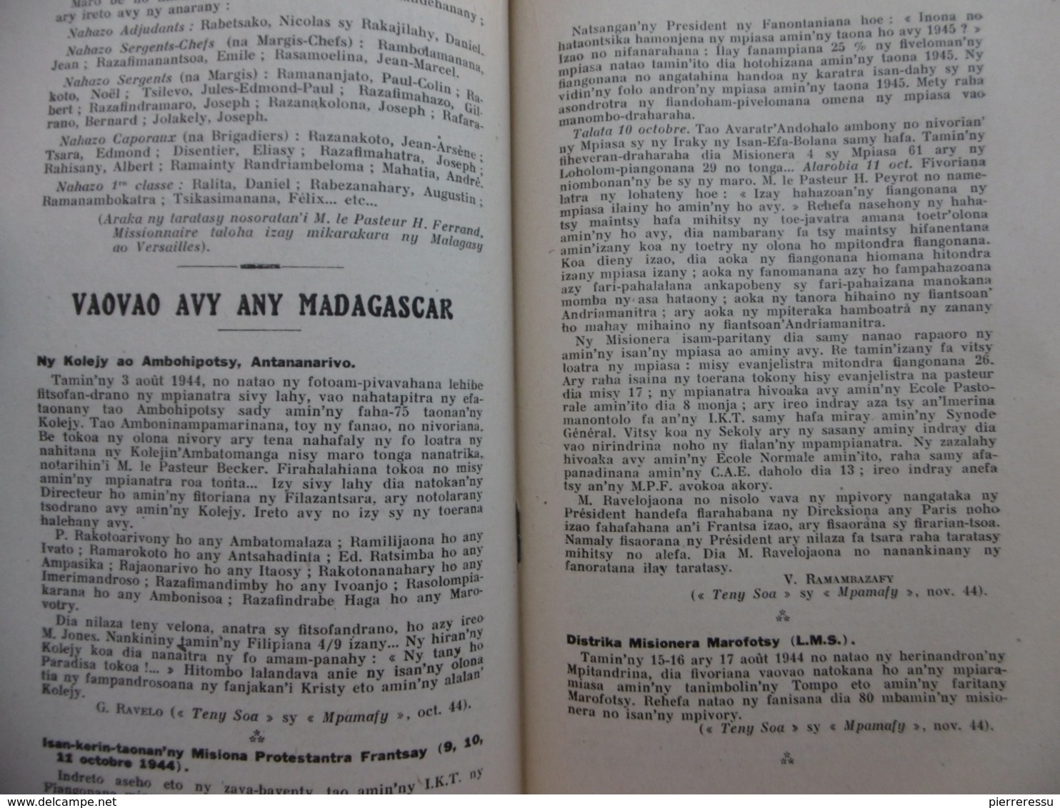 NY SAKAIZAN'NY MIARAMILA 1945 MALGACHE MADAGASCAR Miaramila Protestanta Malagasy - Non Classés