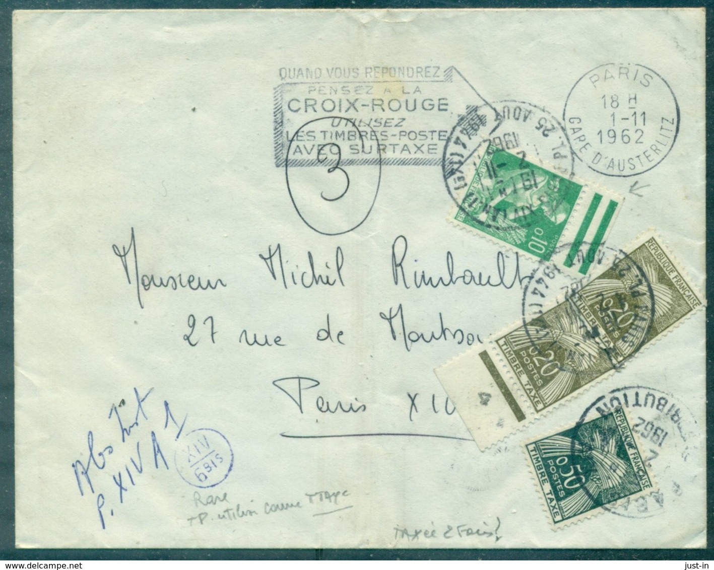 FRANCE Lettre De PARIS 1.11.1962 Taxée 2 Fois à 50 C Dont 1 Fois Mixte Tp + Tp Taxe - 1960-.... Lettres & Documents