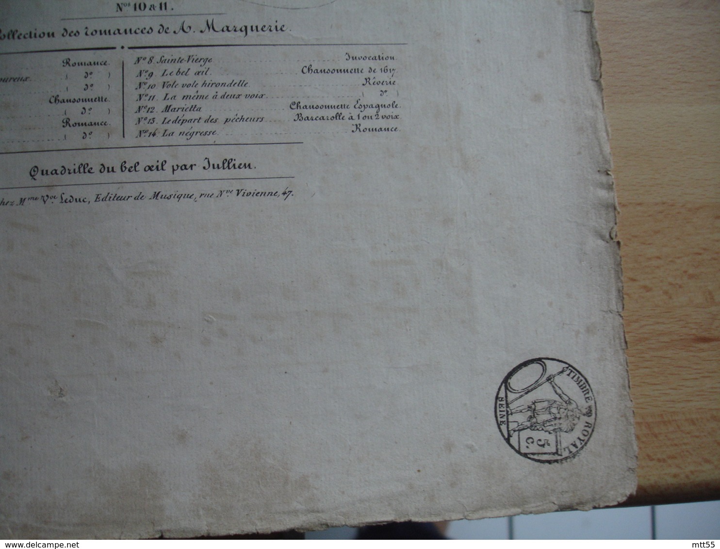 19 Eme  Partition Musique Ancienne  Gravure Vole Vole Hirondelle  De Marquerie Edi Leduc Timbre Fiscal Royal - Autres & Non Classés