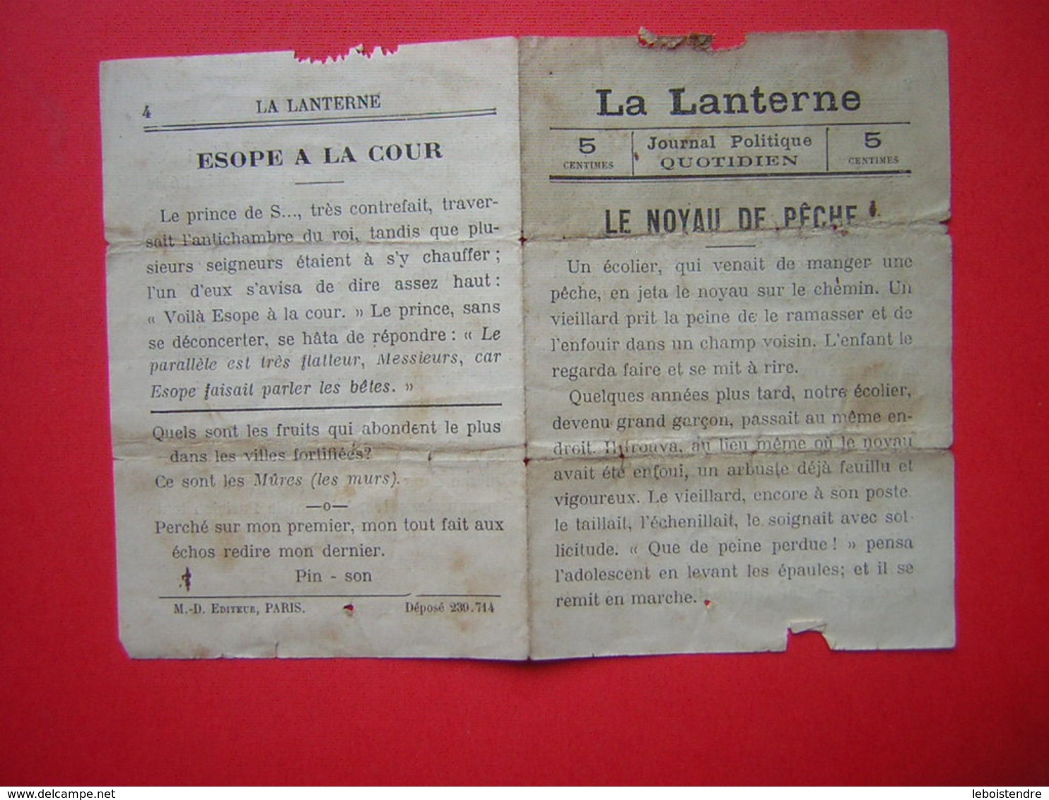 ULTRA MINI JOURNAL HUMORISTIQUE  4 PAGES FORMAT 7.5 X 11 CM LA LANTERNE JOURNAL POLITIQUE QUOTIDIEN  LE NOYAU DE PECHE - 1850 - 1899