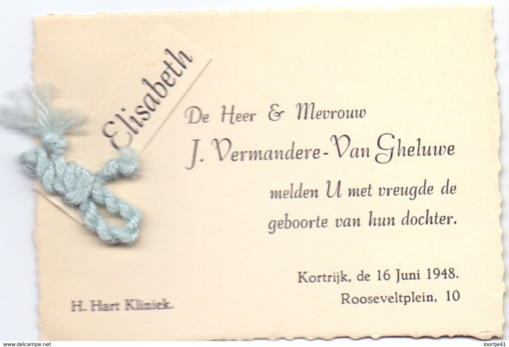 Geboortekaartje - Elisabeth Vermandere - Dochter Heer & Mevr J. Vermandere - Van Gheluwe - Kortrijk 16 Juni 1948 - Nacimiento & Bautizo