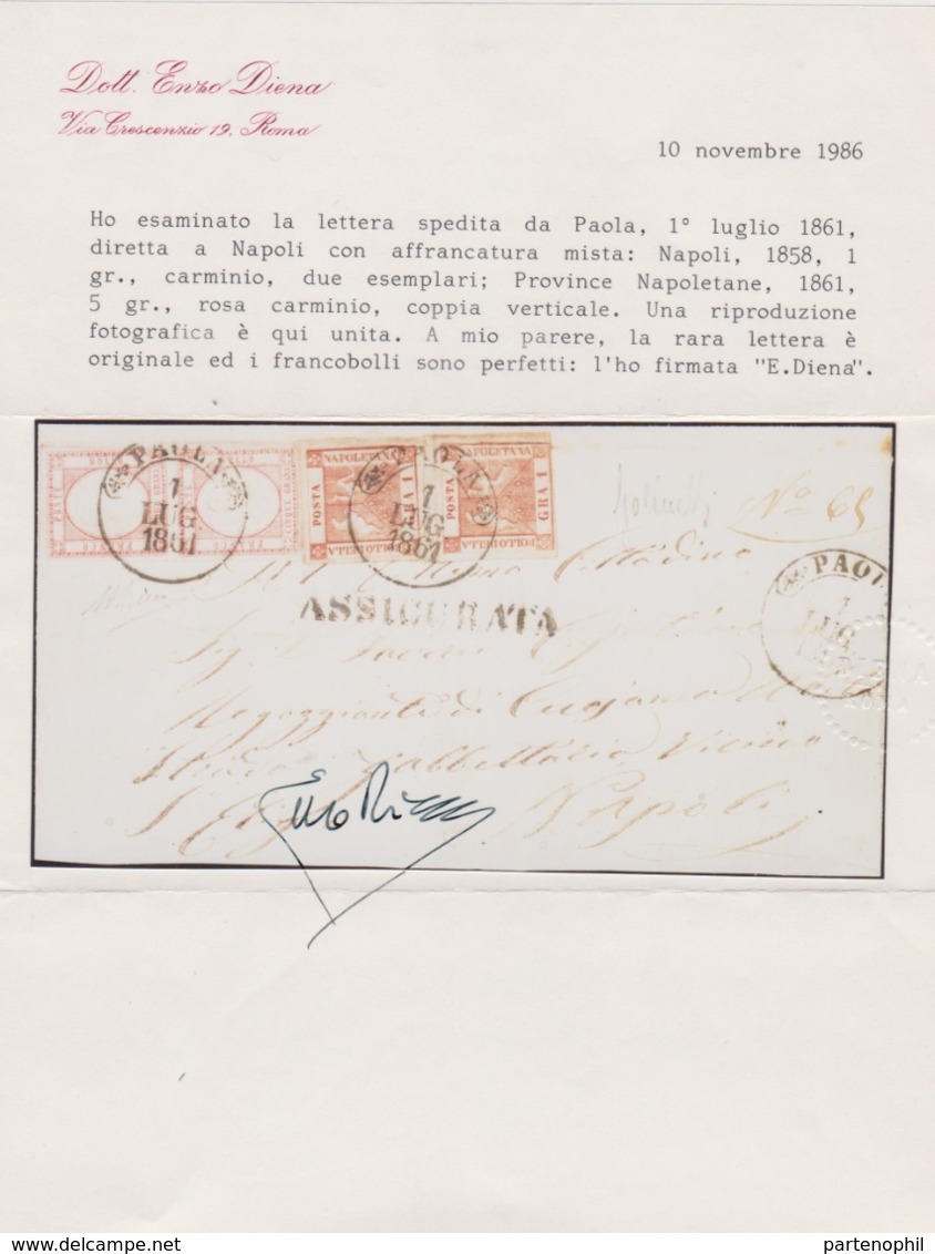 Napoli - 017 * Lettera Assicurata Spedita Da Paola Il 1° Luglio 1861 Diretta A Napoli Con Affrancatura Mista, Napoli 185 - Napoli