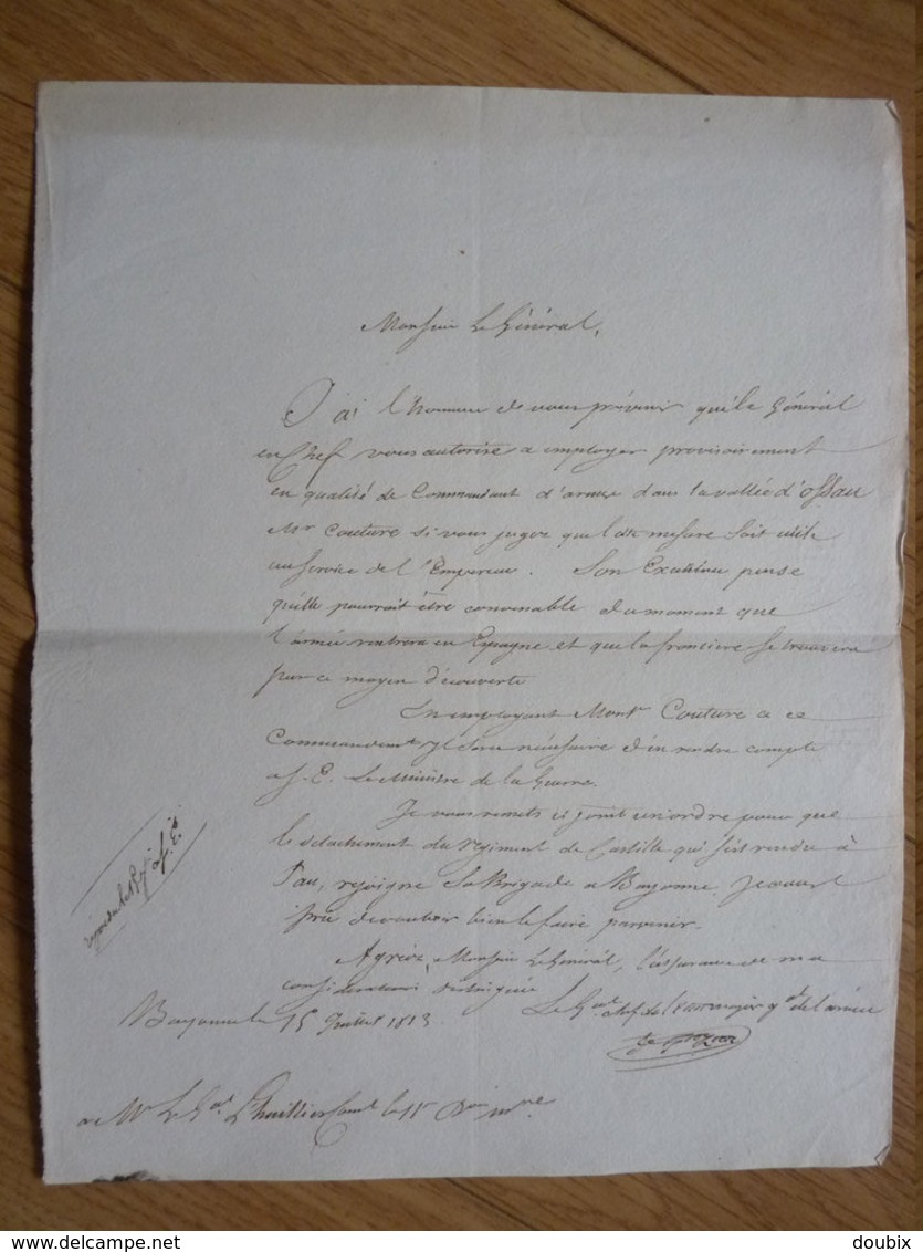 General EMPIRE (1813) Honoré GAZAN (1765-1845) BAYONNE. Vallée D'OSSAU. RGT De CASTILLE. AUTOGRAPHE - Altri & Non Classificati