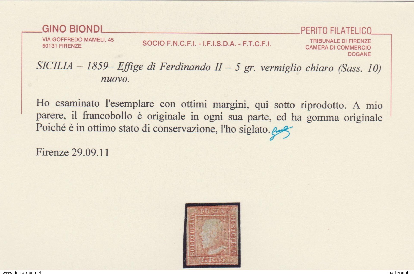 Sicilia - 041 * 1859 - 5 Gr. Vermiglio Chiaro N. 10. Cert. Biondi. Cat. € 1500,00. SPL - Sicilia