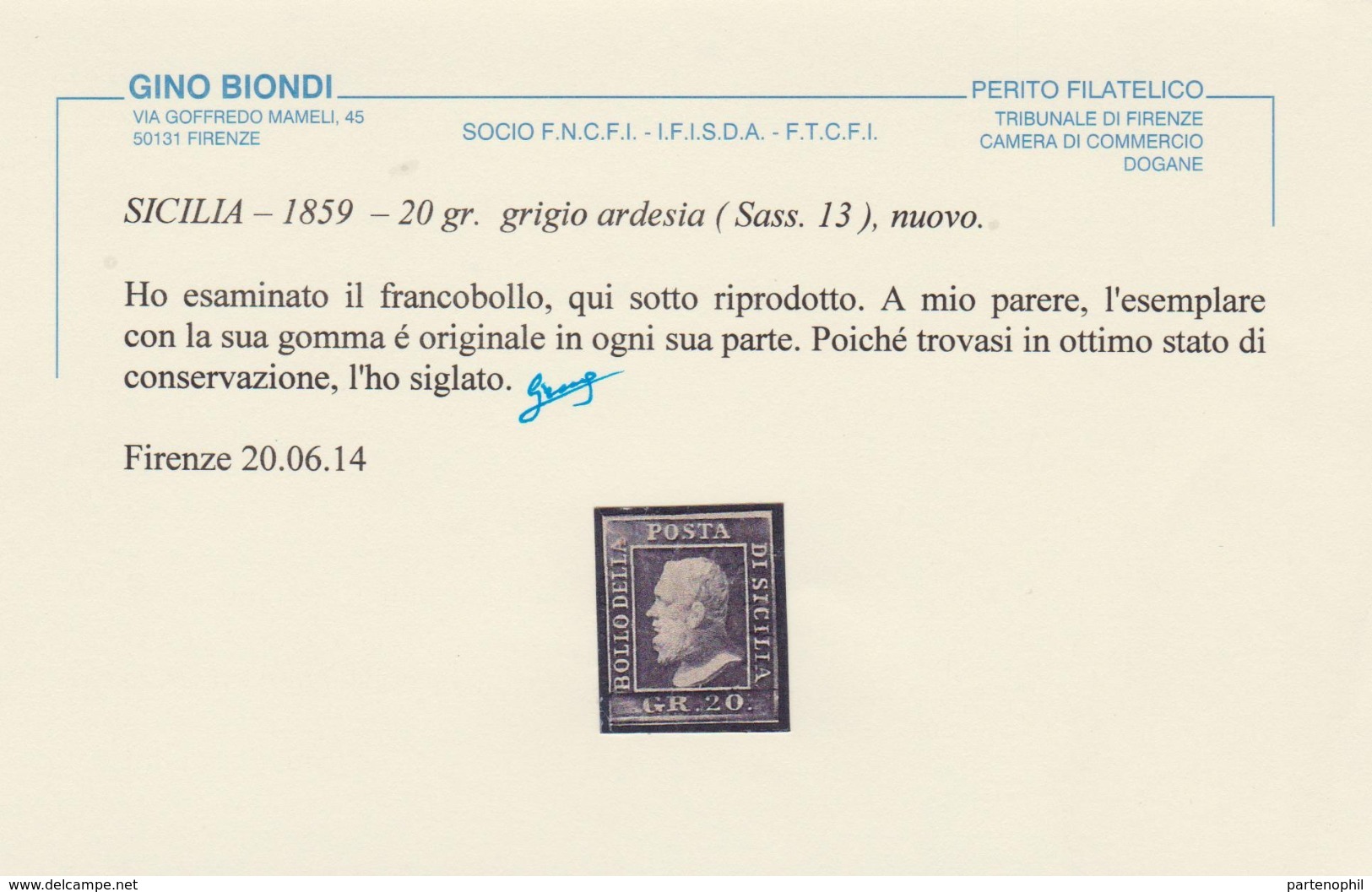 Sicilia -  043 * 1859 - 20 Gr. Grigio Ardesia N. 13. Cert. Biondi. Cat. € 1800,00. SPL - Sicilia