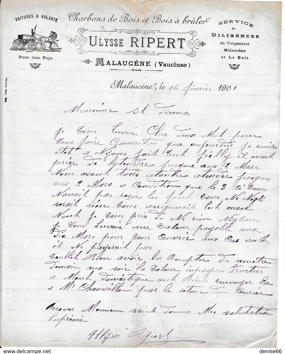 1901 - MALAUCENE (84) Service De DILIGENCE - Charbons De Bois - Ulysse RIPERT - Documentos Históricos