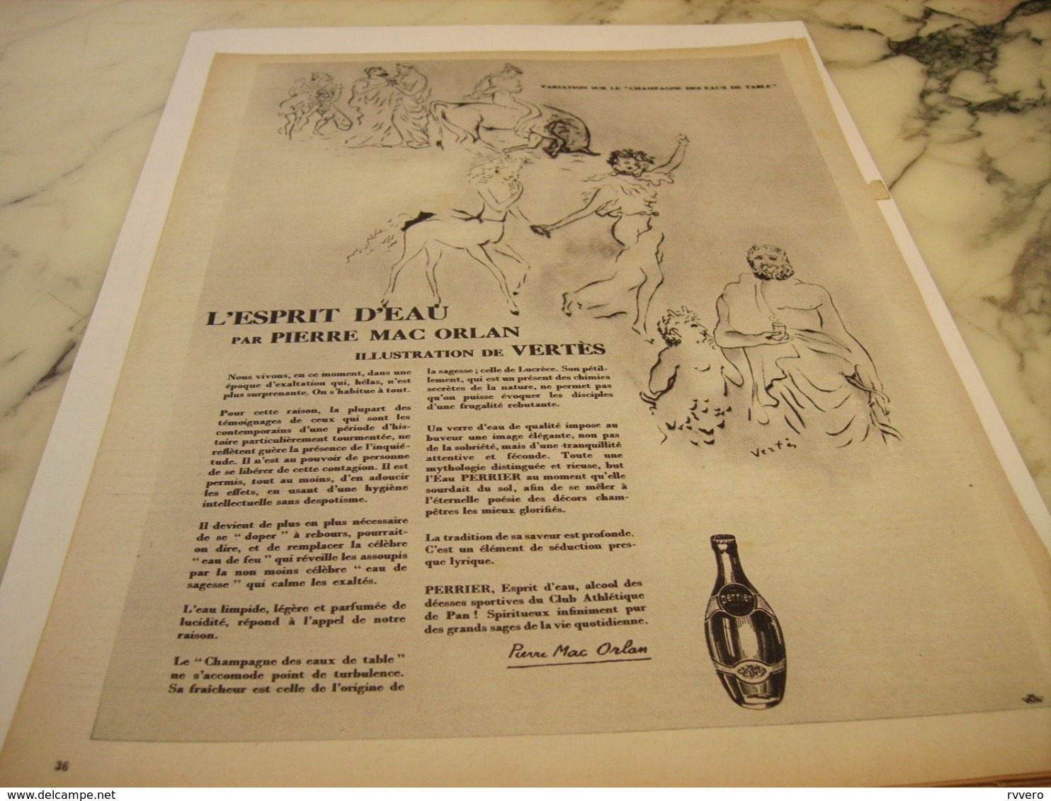 ANCIENNE PUBLICITE ESPRIT D EAU ET PIERRE ORLAN ET  PERRIER  1953 - Perrier