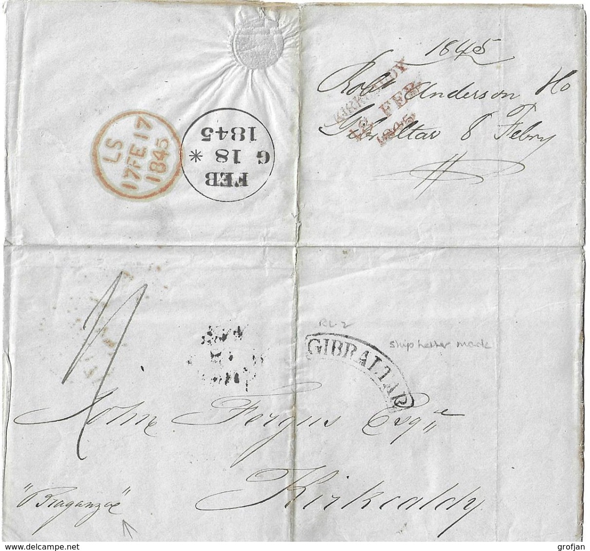 Registered Letter From Gibraltar To Kirkcaldy (UK) 1845 By Ship "Braganza" - Gibilterra