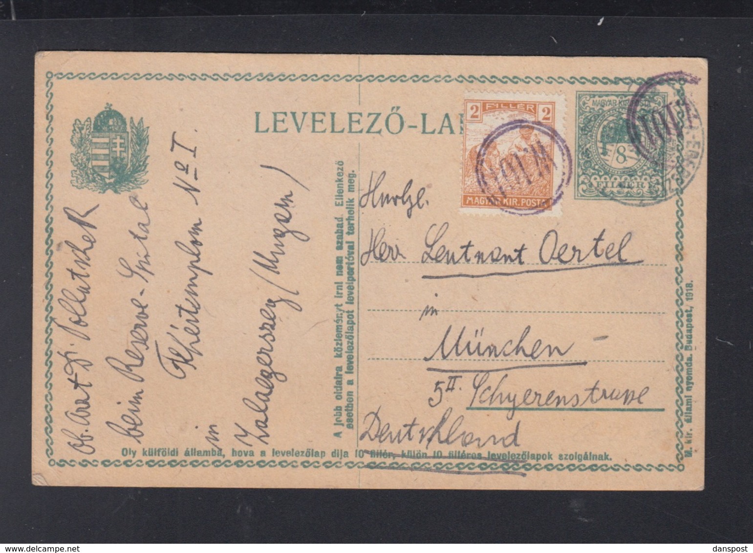 Hungary Stationery Zalaegerszeg 1918 To Germany - Covers & Documents