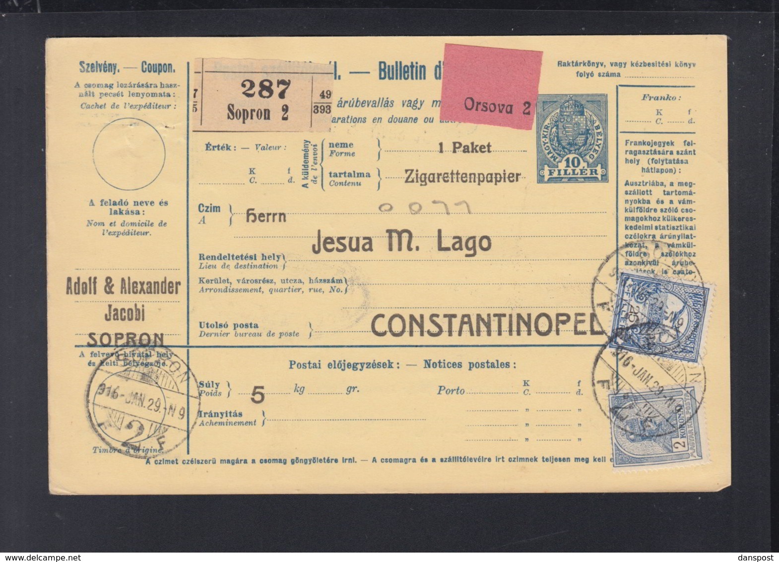 Hungary Parcel Card 1916 Sopron Orsova To Turkey - Lettres & Documents