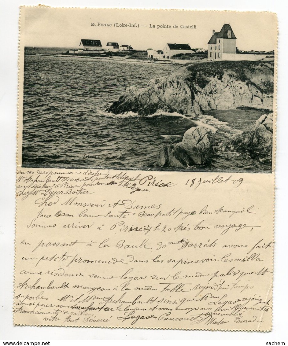 44 PIRIAC Sur MER Interessante CARTE DOUBLE écrite 1909 Pointe Castelli Villas Et  Place Eglise  Artaud Noi    D14 2019 - Piriac Sur Mer