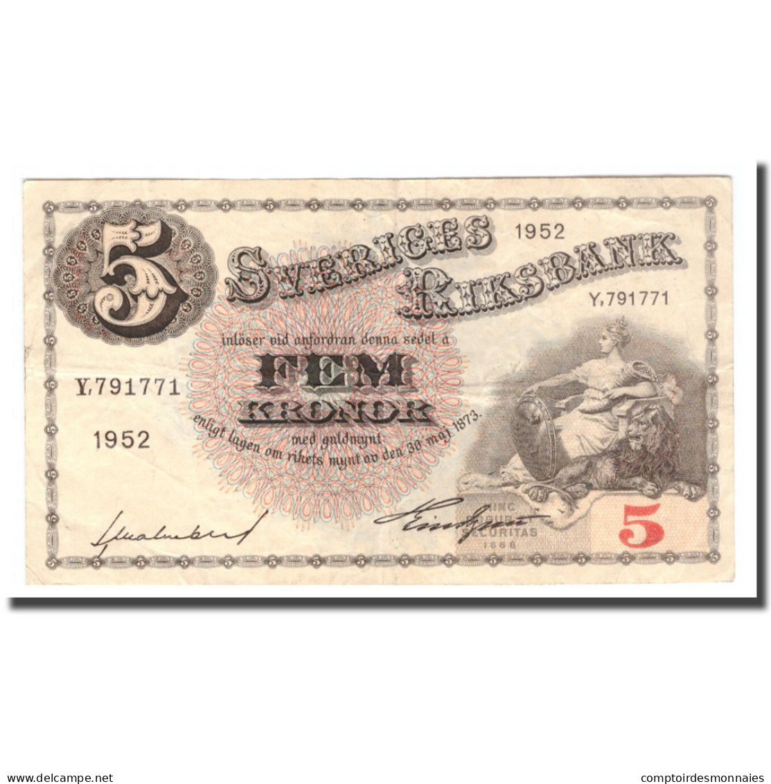 Billet, Suède, 5 Kronor, 1952, 1952, KM:33ai, TB - Sweden