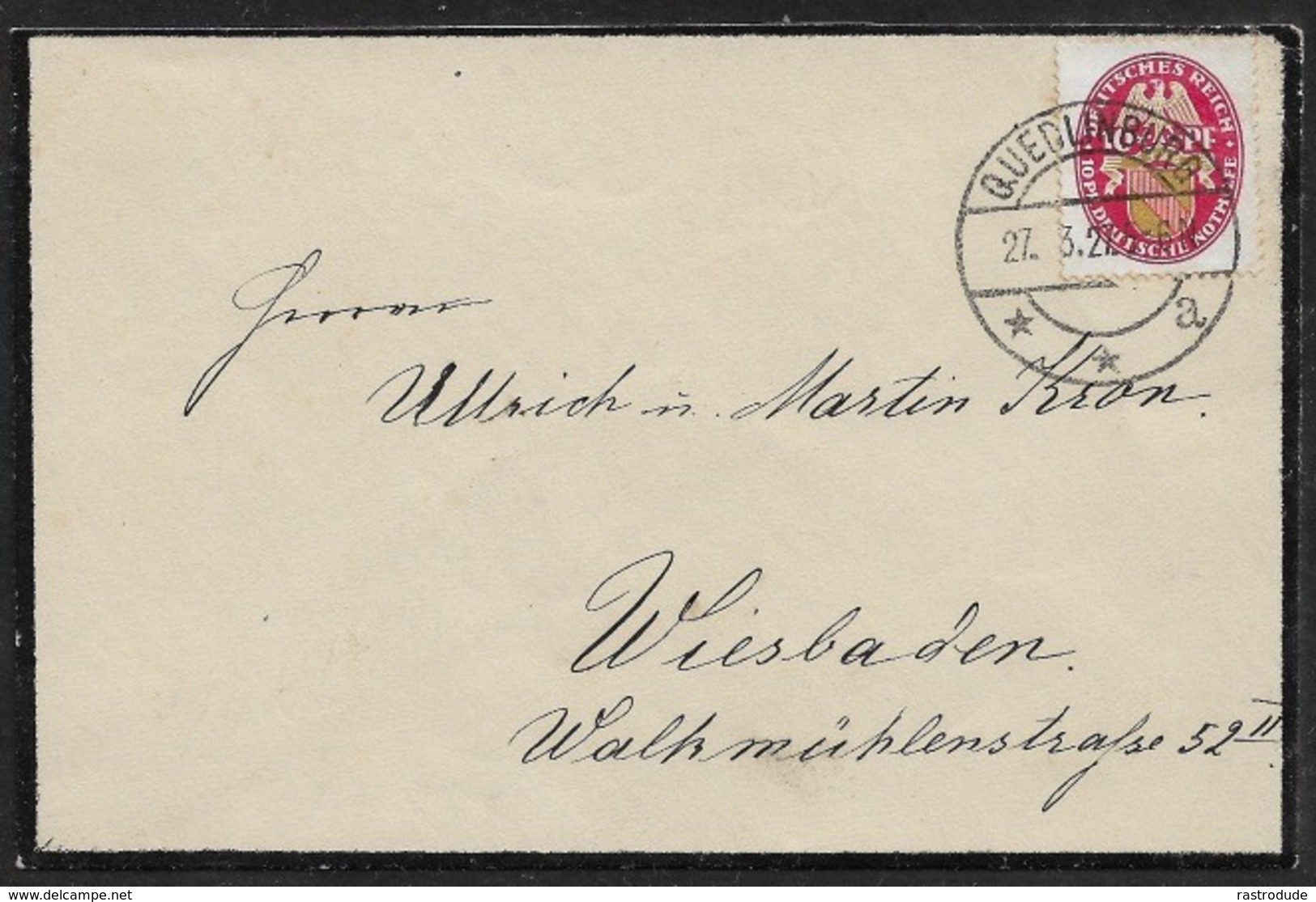 1927 Dt.Reich EF 10Pf Mi. 399y QUEDLINBURG N. WIESBADEN - 27.3.1927 - TRAUERUMSCHLAG - Briefe U. Dokumente