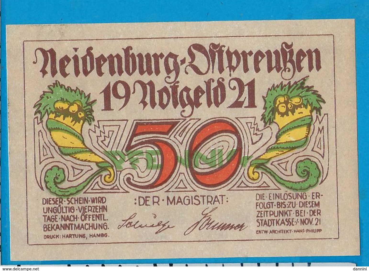 Notgeld   50 Pfennig     Neidenburg    Ostpreussen   1921 - Collections