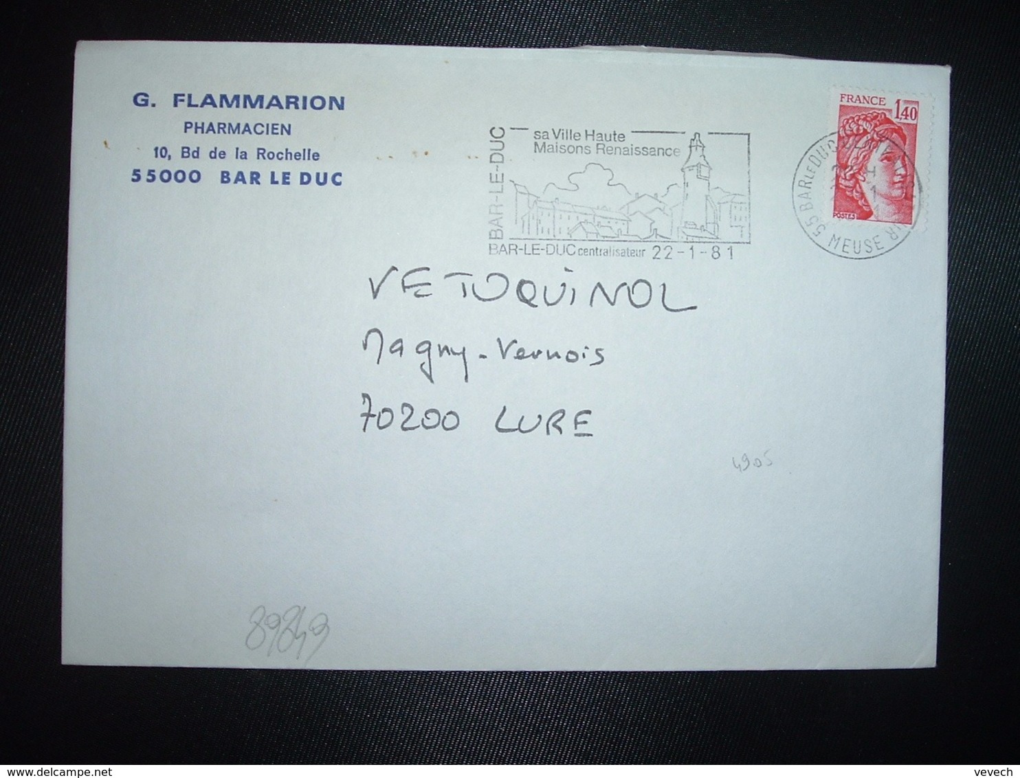 LETTRE TP SABINE 1,40 ROUGE OBL.MEC.22-1 1981 55 BAR LE DUC CENTRALISATEUR MEUSE + G. FLAMMARION PHARMACIEN - Autres & Non Classés