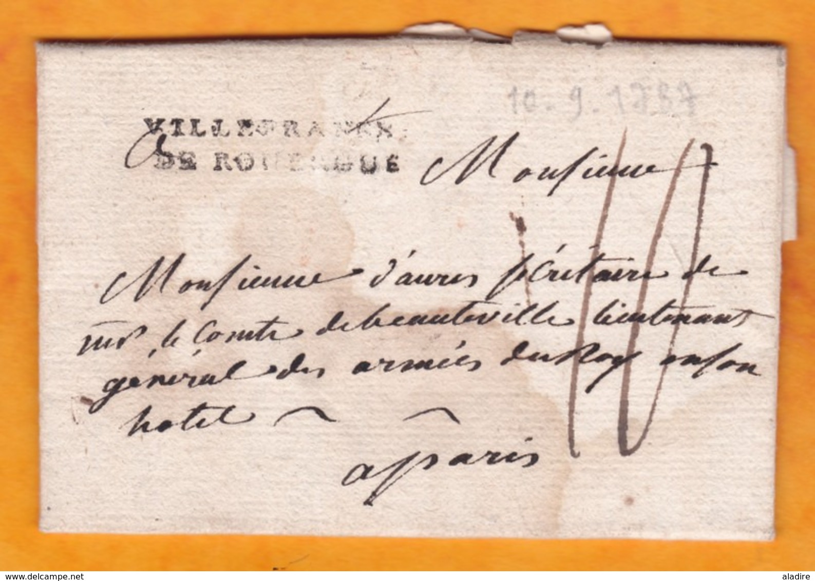 1787 - Marque Postale VILLEFRANCHE DE ROUERGUE, Aveyron Sur LAC Vers Paris - Taxe 10 - Règne Louis XVI - 1701-1800: Precursores XVIII