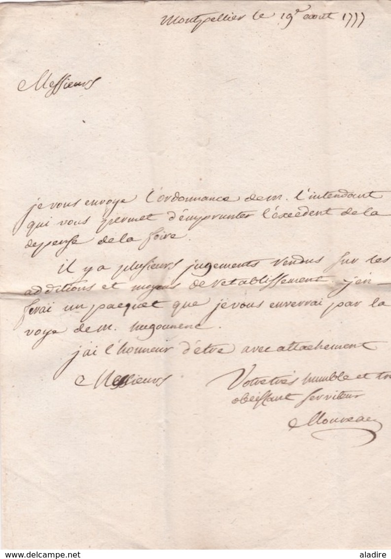 1777 - Marques Postale + Manuscrite De MONTPELLIER, Hérault Sur LAC Vers Beaucaire, Bouches Du Rhône - 1701-1800: Précurseurs XVIII